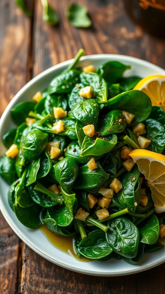 A plate of sautéed garlic spinach with olive oil and garlic, garnished with black pepper and a lemon wedge.
